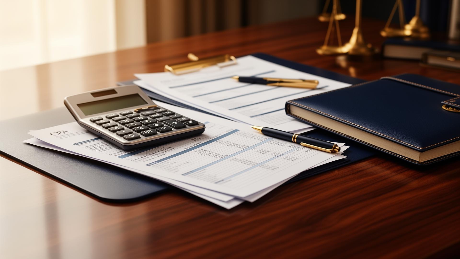 Accounting workspace with calculator and financial documents